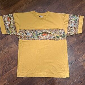 Yellow Short Sleeve Tee with Aboriginal Australian Art Rainbow Serpent Pattern